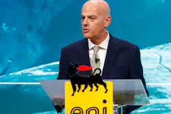 Eni CEO Claudio Descalzi delivers his speech during the company's 2019-22 strategy presentation, San Donato Milanese, Milan, March 15, 2019.