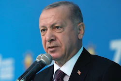 Turkish President Recep Tayyip Erdogan addresses his ruling Justice and Development Party members at a soccer stadium, Samsun, Turkey, Nov. 1, 2020.