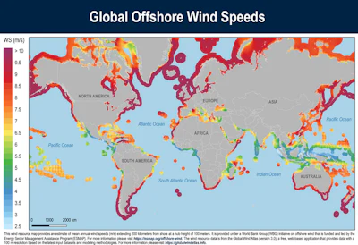 Areas with the highest average offshore wind speeds aren’t necessarily the best wind farm locations. The depth of the water and proximity to cities are also important.