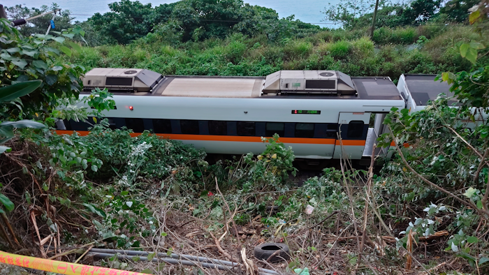 A section of a derailed train cordoned off near the Taroko Gorge, Hualien, Taiwan, April 2, 2021.