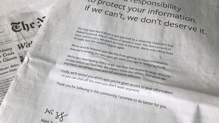 Facebook full-page advertisement in the New York Times, March 25, 2018.