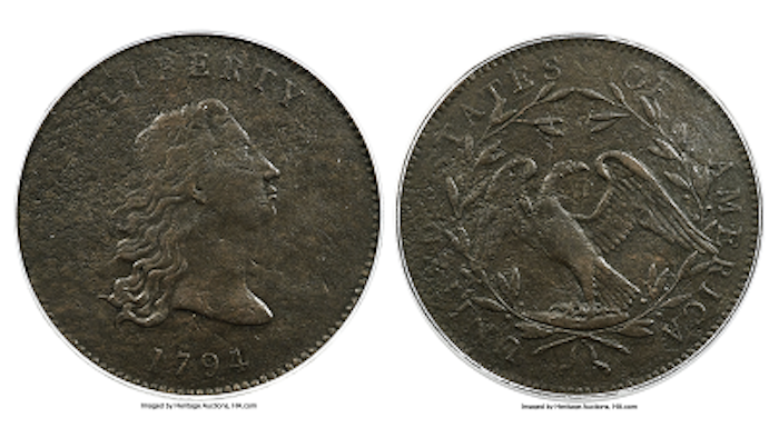 This undated photo provided by Heritage Auctions shows the piece of copper that was struck by the U.S. Mint in Philadelphia in 1794 and was a prototype for the fledgling nation's money. The item, which is known as the “No Stars Flowing Hair Dollar,' is owned by businessman and Texas Rangers co-chairman Bob Simpson and will go up for auction at Heritage Auctions in Dallas on Friday, April 23, 2021.
