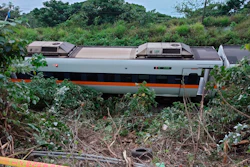A section of a derailed train cordoned off near the Taroko Gorge, Hualien, Taiwan, April 2, 2021.