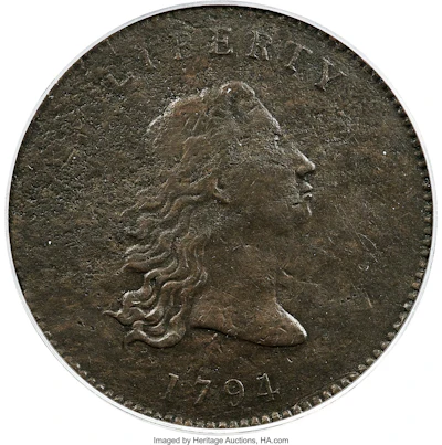 This undated photo provided by Heritage Auctions shows the front of a piece of copper that was struck by the U.S. Mint in Philadelphia in 1794 and was a prototype for the fledgling nation's money. The item, which is known as the “No Stars Flowing Hair Dollar,' is owned by businessman and Texas Rangers co-chairman Bob Simpson and will go up for auction at Heritage Auctions in Dallas on Friday, April 23, 2021.