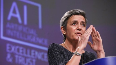 European Commissioner for Europe Fit for the Digital Age Margrethe Vestager at EU headquarters, Brussels, April 21, 2021.