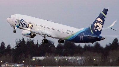 The first Alaska Airlines passenger flight on a Boeing 737-9 Max airplane takes off from Seattle-Tacoma International Airport in Seattle.