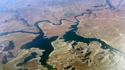 Aerial view of Lake Powell on the Colorado River along the Arizona-Utah border.