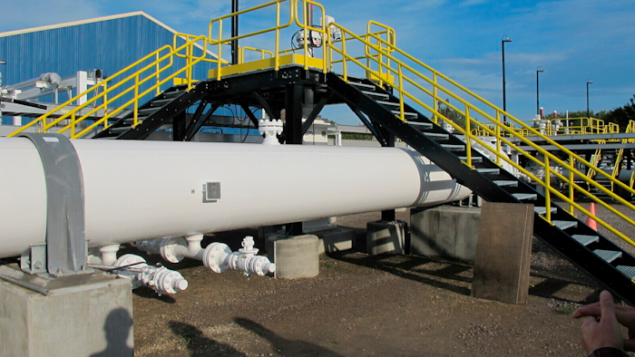 This file photo shows an aboveground section of Enbridge's Line 5 at the Mackinaw City, Mich., pump station.