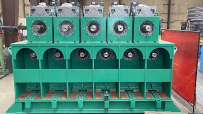 This photo shows the business end of the roller leveler’s drive unit—when installed, a drive shaft will be attached to the end of each gearbox.