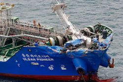 This photo shows a chemical tanker, Ulsan Pioneer after a collision on the coast of Imabari, Ehime prefecture, southern Japan Friday, May 28, 2021.