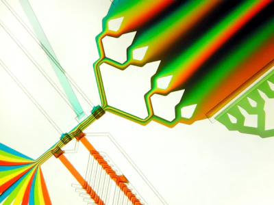 The colored liquids enter from the bottom left, but due to laminar flow, remain relatively unmixed even though they pass through one single channel and exit on the top right.