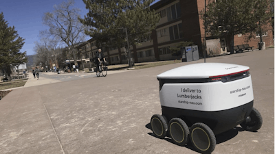 A food delivery robot on the Northern Arizona University campus in Flagstaff, March 26, 2019.