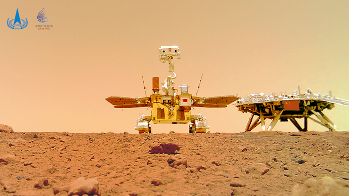 The Chinese Mars rover Zhurong seen near its landing platform from a remote camera, June 11, 2021.