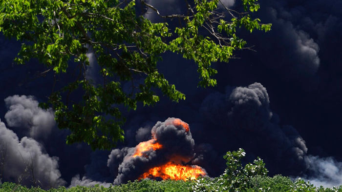 Flames and smoke are seen from an explosion at a chemical plant in Rockton, Ill., Monday, June 14, 2021.