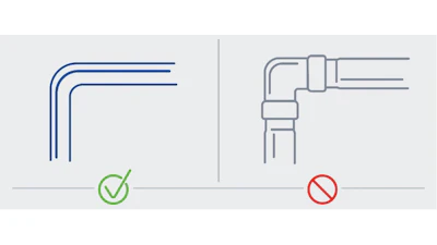 Simplify Designs: Fewer connection points with bendable tubing (left) instead of piping (right) mean fewer opportunities for failure.