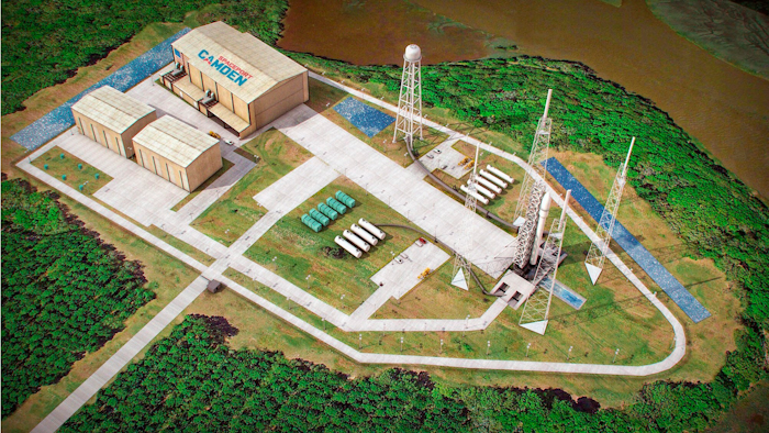 This artist's sketch provided by Spaceport Camden shows the launch pad complex of the proposed Spaceport Camden in Camden County, Ga. Since 2012, Officials in Camden County have spent nine years and $10 million pursuing a license to operate the 13th licensed, private spaceport in the U.S. The FAA issued a final environmental impact study Thursday, June 17, 2021, and a decision on its license is expected next month.