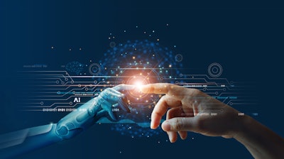 Ai, Machine Learning, Hands Of Robot And Human Touching On Big Data Network Connection Background, Science And Artificial Intelligence Technology, Innovation And Futuristic 1206796363 5000x2661