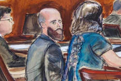 Courtroom sketch of Joshua Schulte, center, with his attorneys during jury deliberations in New York, March 4, 2020.