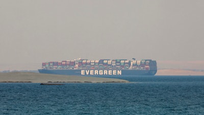 Panama-flagged cargo ship Ever Given anchored in Egypt's Great Bitter Lake, March 30, 2021.