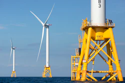 Three wind turbines in the water off Block Island, R.I., Aug. 15, 2016.