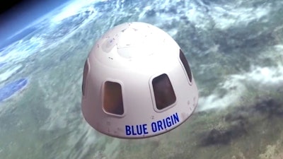 This undated file illustration provided by Blue Origin shows the capsule that the company aims to take tourists into space. The price to rocket into space next month with Jeff Bezos and his brother is a cool $28 million. That was the winning bid during the live online auction on Saturday, June 12, 2021.