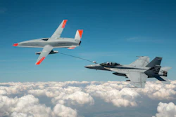 The Boeing MQ-25 T1 test asset transfers fuel to a U.S. Navy F/A-18 Super Hornet on June 4, marking the first time in history that an unmanned aircraft has refueled another aircraft. The MQ-25 Stingray will assume the carrier-based tanking role currently performed by F/A-18s, allowing for better use of the combat strike fighters and helping extend the range of the carrier air wing.
