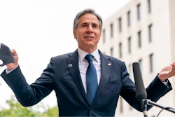 Secretary of State Antony Blinken gives a statement at the start of the Second Berlin Conference on Libya at the Ministry of Foreign Affairs in Berlin, Wednesday, June 23, 2021. Blinken begins a week long trip in Europe traveling to Germany, France and Italy.