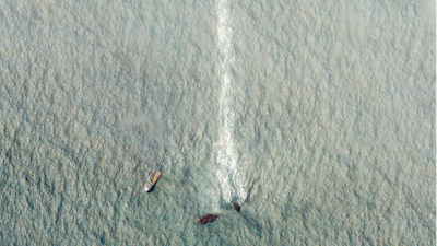 This satellite image from Planet Labs Inc. shows a sinking ship, the Singapore-flagged MV X-Press Pearl, with the oil leak line in the Laccadive Sea off Sri Lanka Monday, June 7, 2021.