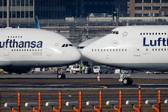 In this Feb. 14, 2019 photo, an Airbus A380, left, and a Boeing 747, both from Lufthansa airline pass each other at the airport in Frankfurt, Germany.