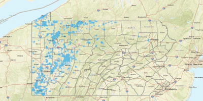 Pennsylvania officials have identified thousands of abandoned oil and gas wells in the state (marked in blue) with no identifiable responsible party to complete plugging them.