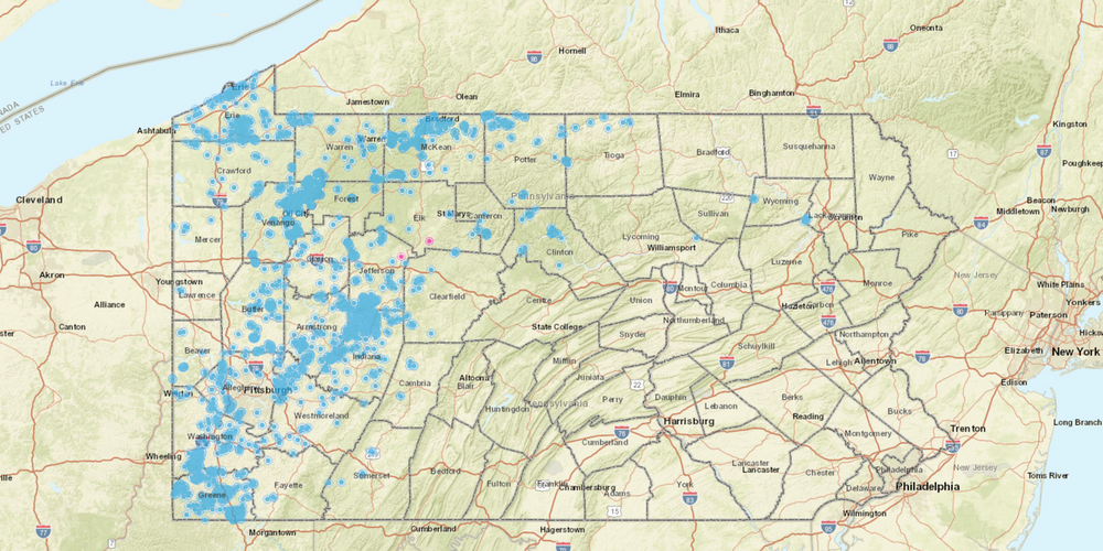 Pennsylvania officials have identified thousands of abandoned oil and gas wells in the state (marked in blue) with no identifiable responsible party to complete plugging them.
