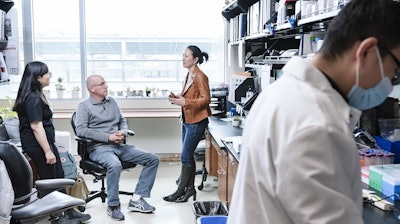 A team of scientists from Gladstone, UC San Francisco and Emory University have uncovered features of T cells that distinguish fatal from non-fatal cases of severe COVID-19. Shown here from left to right are scientist Xiaoyu Luo, research scientist Jason Neidleman, Associate Investigator Nadia Roan, and research associate Matthew McGregor.