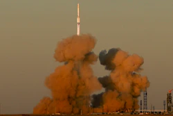 A Proton-M booster rocket carrying the Nauka module blasts off from the launch pad at Russia's space facility in Baikonur, Kazakhstan, July 21, 2021.