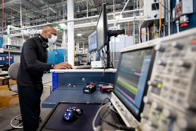 Dane Hardware, Ford Motor Co. design and release engineer, tests the state of charge (SOC) of the battery chamber and cell temperatures on a running battery at Ford’s Battery Benchmarking and Test Laboratory in Allen Park, Michigan.