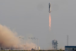 Blue Origin's New Shepard rocket launches carrying passengers Jeff Bezos, founder of Amazon and space tourism company Blue Origin, brother Mark Bezos, Oliver Daemen and Wally Funk, from its spaceport near Van Horn, Texas, Tuesday, July 20, 2021.