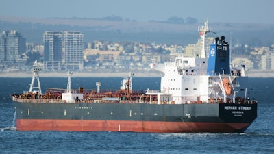 This Jan. 2, 2016 photo shows the Liberian-flagged oil tanker Mercer Street off Cape Town, South Africa. The oil tanker linked to an Israeli billionaire reportedly came under attack off the coast of Oman in the Arabian Sea, authorities said Friday, July 30, 2021, as details about the incident remained few.