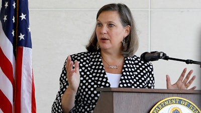 In this July 11, 2016, file photo U.S. Assistant Secretary of State for European and Eurasian Affairs Victoria Nuland talks to the media at a news conference at the U.S. Embassy in Skopje, Macedonia.