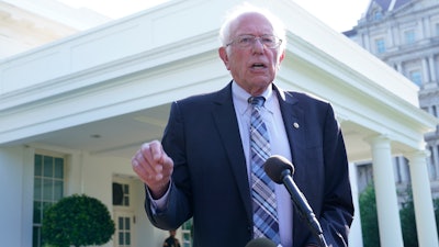Sen. Bernie Sanders, I-Vt., talks to reporters outside the West Wing of the White House in Washington, Monday, July 12, 2021, following his meeting with President Joe Biden.