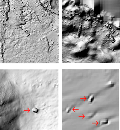 Of these four ocean floor scans, the top two panels clearly show shipwrecks, but the shipwrecks in the bottom two panels, marked by red arrows, could easily be mistaken for natural features.