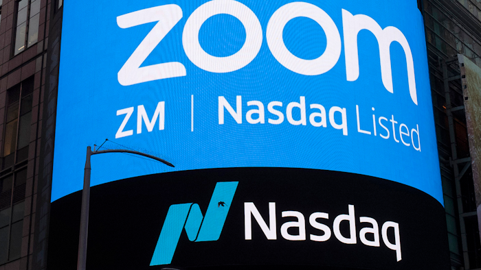 A sign for Zoom Video Communications ahead of their Nasdaq IPO in New York, April 18, 2019.