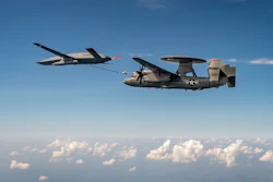 Boeing’s MQ-25 T1 test asset refuels a U.S. Navy E-2D command and control aircraft Aug. 18 during a flight test mission conducted from MidAmerica St. Louis Airport.