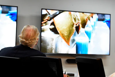 South Carolina Gov. Henry McMaster watches a video on the bleeding of horseshoe crabs, whose blood is a vital component in the contamination testing of injectable medicines - including the coronavirus vaccines - at Charles River Labs on Friday, Aug. 6, 2021, in Charleston, S.C. McMaster says a South Carolina company that bleeds horseshoe crabs for a component crucial to contamination testing of injectable medications is vital to development of a domestic medical supply chain.