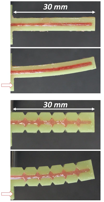 It requires much more force to control the shape of a continuous 3D-printed ray (top two images) than to morph a segmented ray (bottom two images).