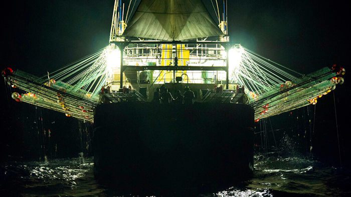In this July 2021 photo provided by Sea Shepherd, a Chinese-flagged ship fishes for squid at night on the high seas off the west coast of South America.