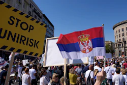 People attend a protest against pollution and the exploitation of a lithium mine, Belgrade, Serbia, Sept. 11, 2021.