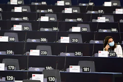 An MEP waits in the plenary for the session to begin at the European Parliament in Strasbourg, France, Sept. 15, 2021.