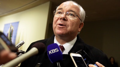 Rafael Ramirez, security council president and Venezuela's ambassador to the U.N., talks to reporters, Feb. 25, 2016.