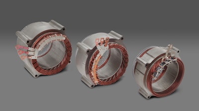 The motors that will power GM’s Ultium-based EVs were built as a scalable family, sharing design principles as well as similar tooling and manufacturing strategies. Pictured are the stators of all three motors.