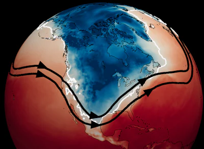 Surface temperatures on Feb. 15, 2021, at 6 a.m. in Texas. The black lines show the jet stream, and the white line indicates the extent of freezing temperatures.