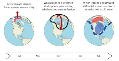 A timeline shows the pathway from Arctic climate change to cold temperatures in North America. Red and blue in the third panel indicate differences from average conditions.
